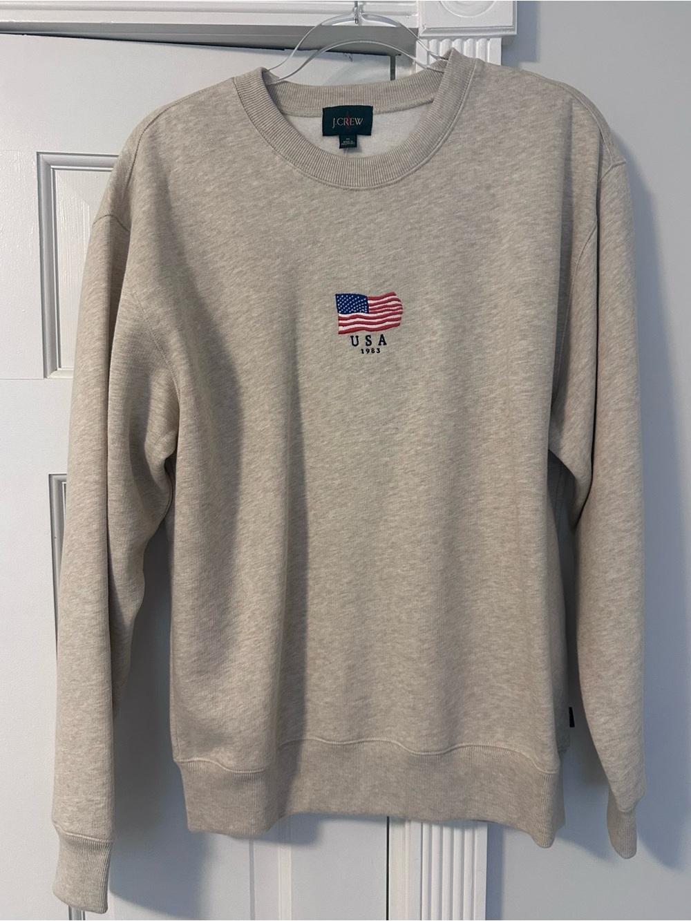 J. Crew Men's Crewneck Sweater in Light Heather Gray with USA Flag Embroidery